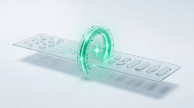 Scattered frosted glass fragments passing through a glowing emerald gate and emerging as orderly modules, evoking an AI automation agency turning manual work into running systems.