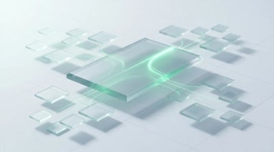 Scattered small frosted-glass tiles resolving into one calm central slab with a single emerald light-stream, evoking many AI marketing tools consolidating into one system.