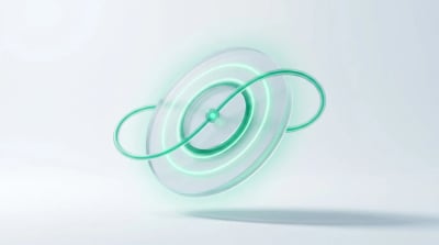 Frosted glass disc with looping emerald orbital rings, evoking an always-on automated ecommerce email flow engine.