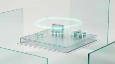 Three differently sized translucent business setups — a solo workstation, a small storefront, and a small team cluster — sharing a single orbiting emerald-teal ring above a glass plinth, illustrating one operating system across business sizes.