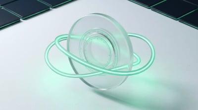 A translucent frosted-glass funnel where most emerald droplets reach a waiting hand but a few slip silently through an unseen crack, evoking leads dropped between form fill and CRM.