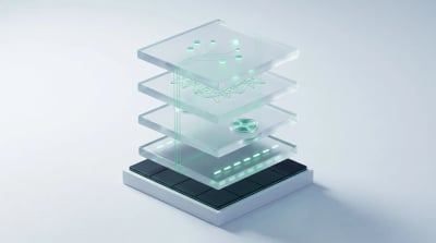 A translucent frosted-glass pipeline of four linked chambers, three lit by automated emerald light-streams and one left clear for a human hand, evoking a content workflow that automates some layers and keeps others manual.