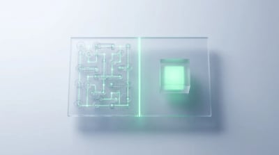 A frosted glass plane split by an emerald seam: busy interlocking gears on one side, a single still glowing cube on the other, evoking automated SEO work versus human judgment.