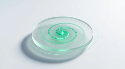 A frosted glass disc with an emerald coil looping inward to a spark, evoking an always-on SMS retention lifecycle.