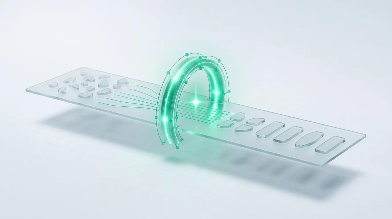 Scattered frosted glass fragments passing through a glowing emerald gate and emerging as orderly modules, evoking an AI automation agency turning manual work into running systems.