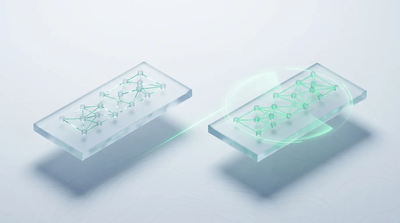 Two glass lattices side by side, one with a broken dim connection and one complete inside a glowing emerald monitoring halo, evoking DIY versus done-for-you automation.