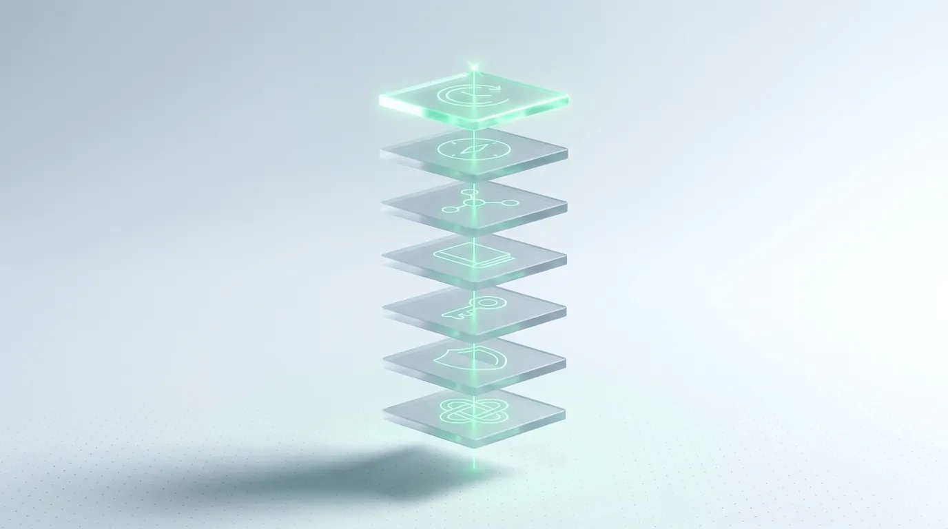 Seven stacked frosted glass tiles with distinct emerald light etchings bound by a single vertical beam, evoking a seven-point checklist for vetting an automation agency.