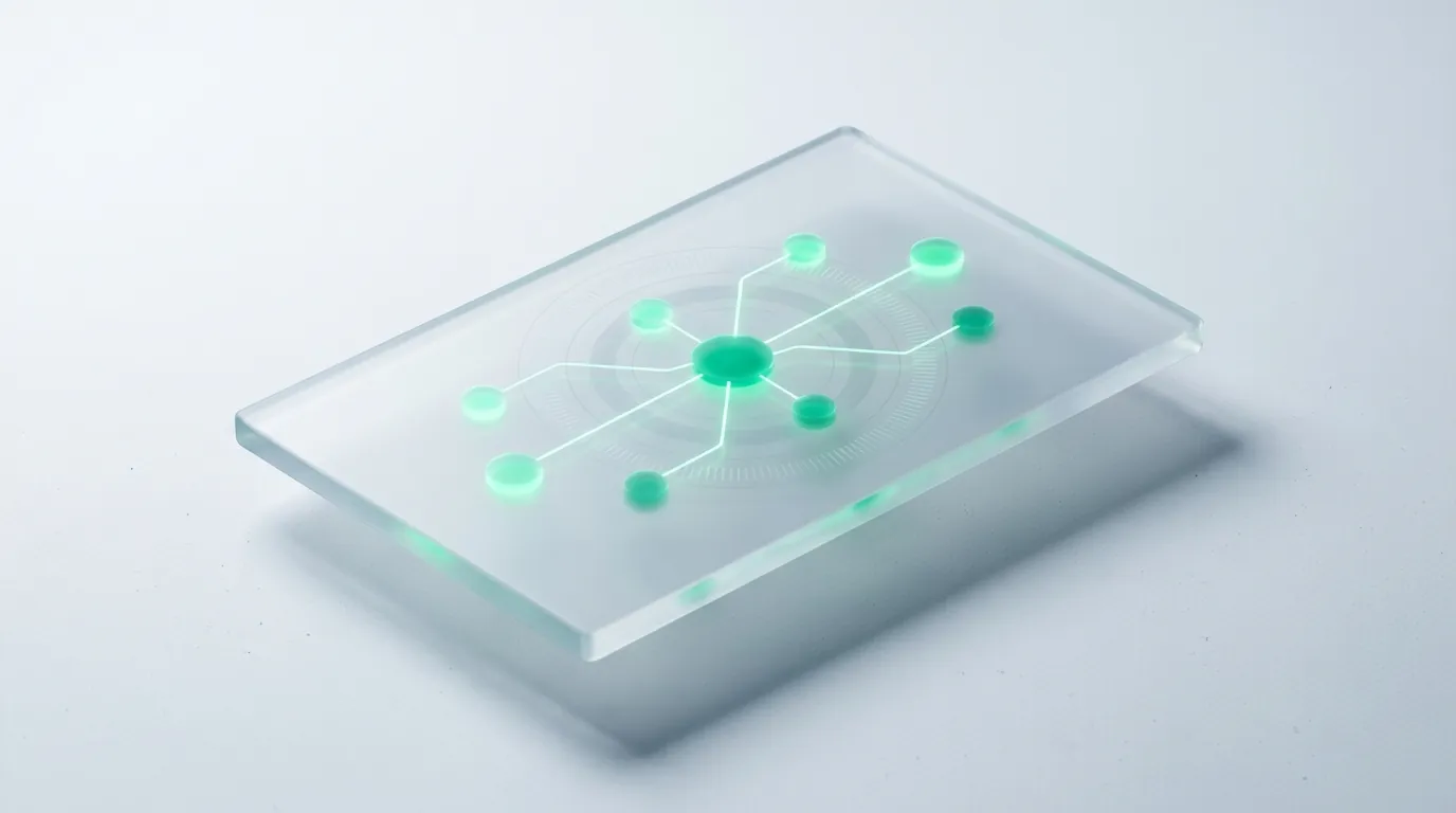 A frosted-glass slab with a glowing emerald node graph and dial, evoking what an AI marketing agency's autonomous systems actually do.