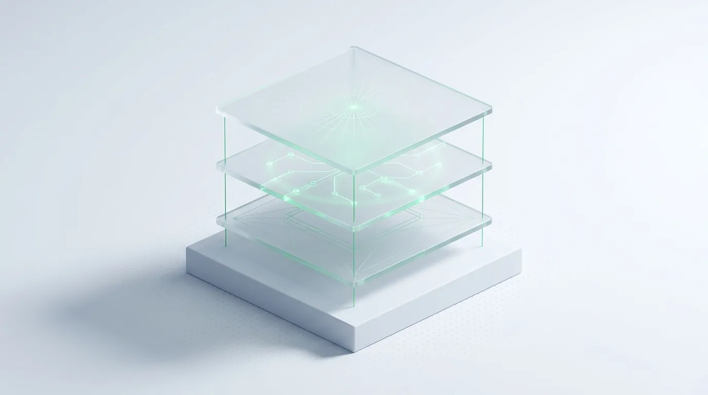 A frosted-glass slab with a glowing emerald node graph and dial, evoking what an AI marketing agency's autonomous systems actually do.