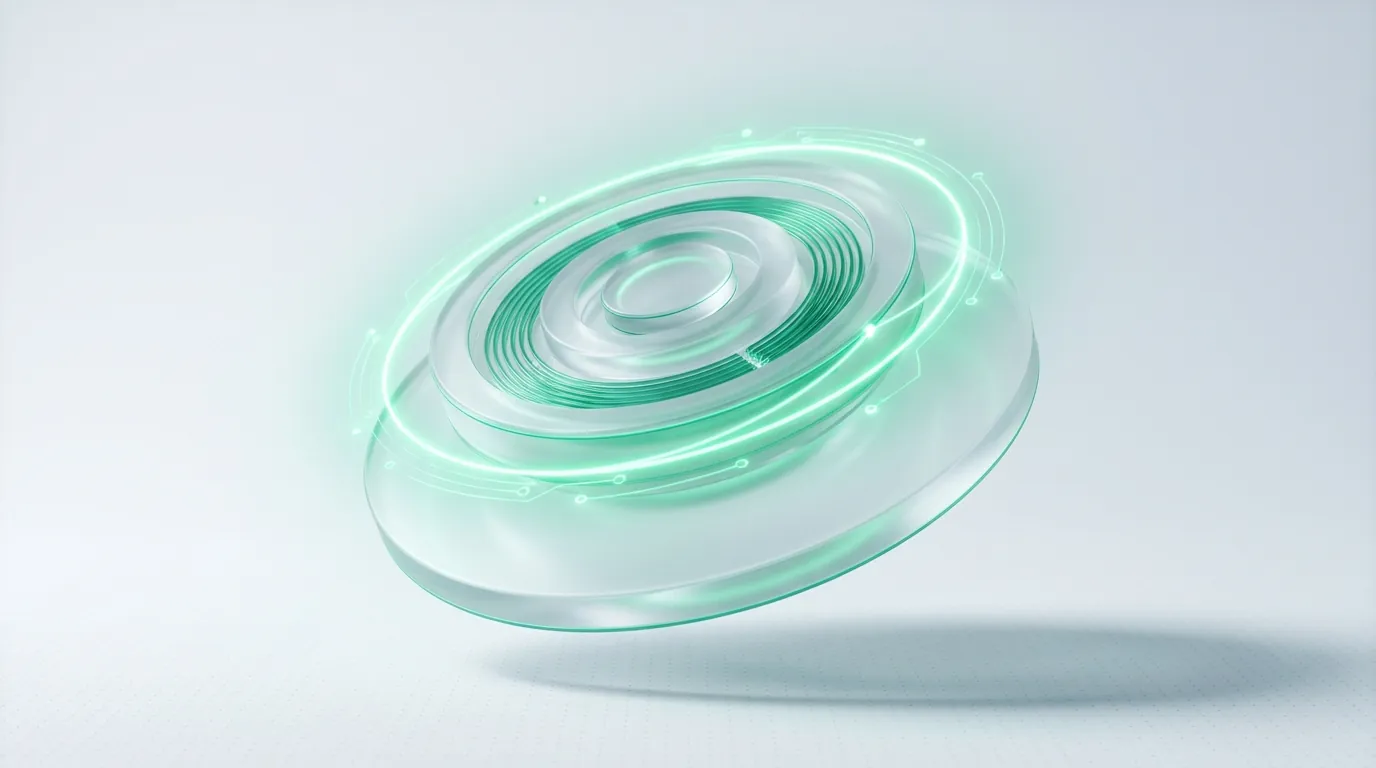 An emerald orbital coil looping through a frosted glass disc, evoking the continuous around-the-clock monitoring autonomous agents perform.
