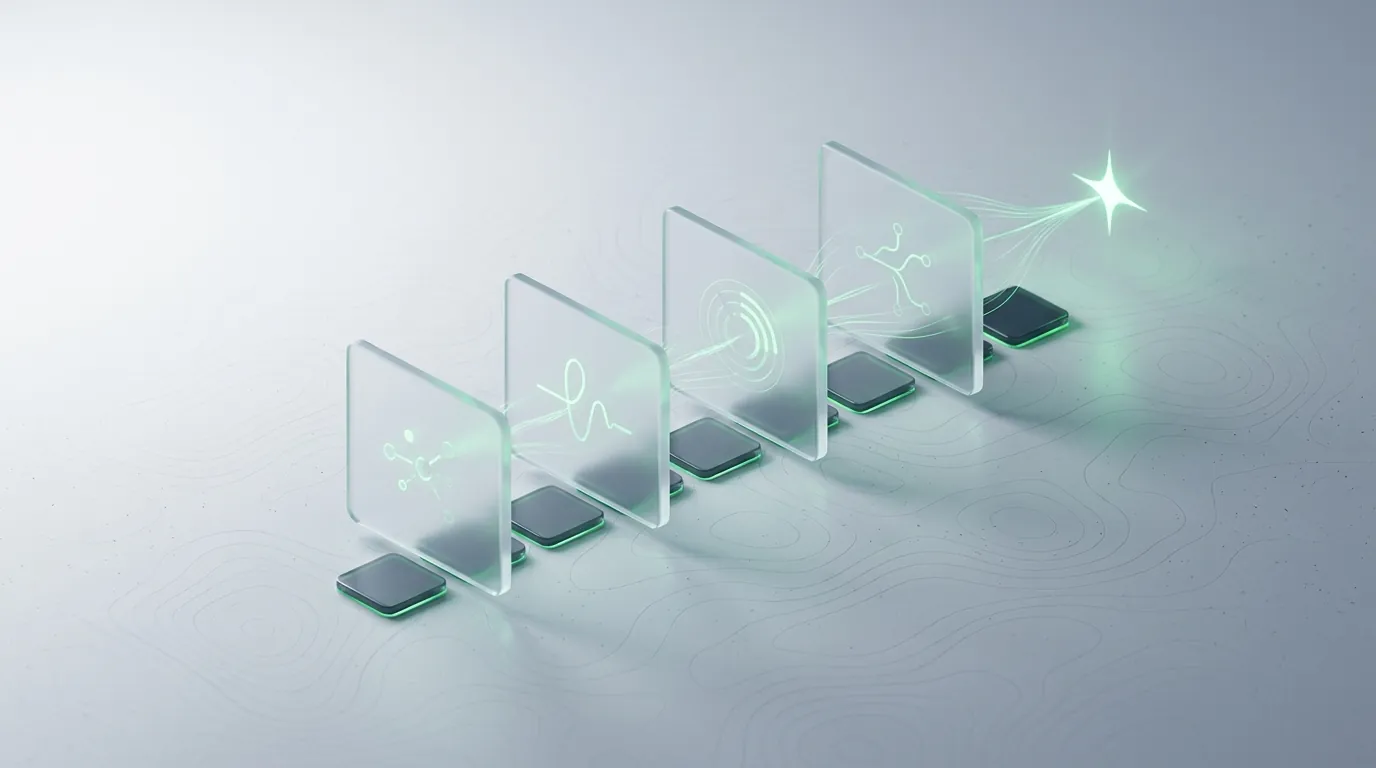 Frosted glass panels linked by emerald light-streams converging to a spark, evoking the ordered trigger-based stages of lifecycle marketing.