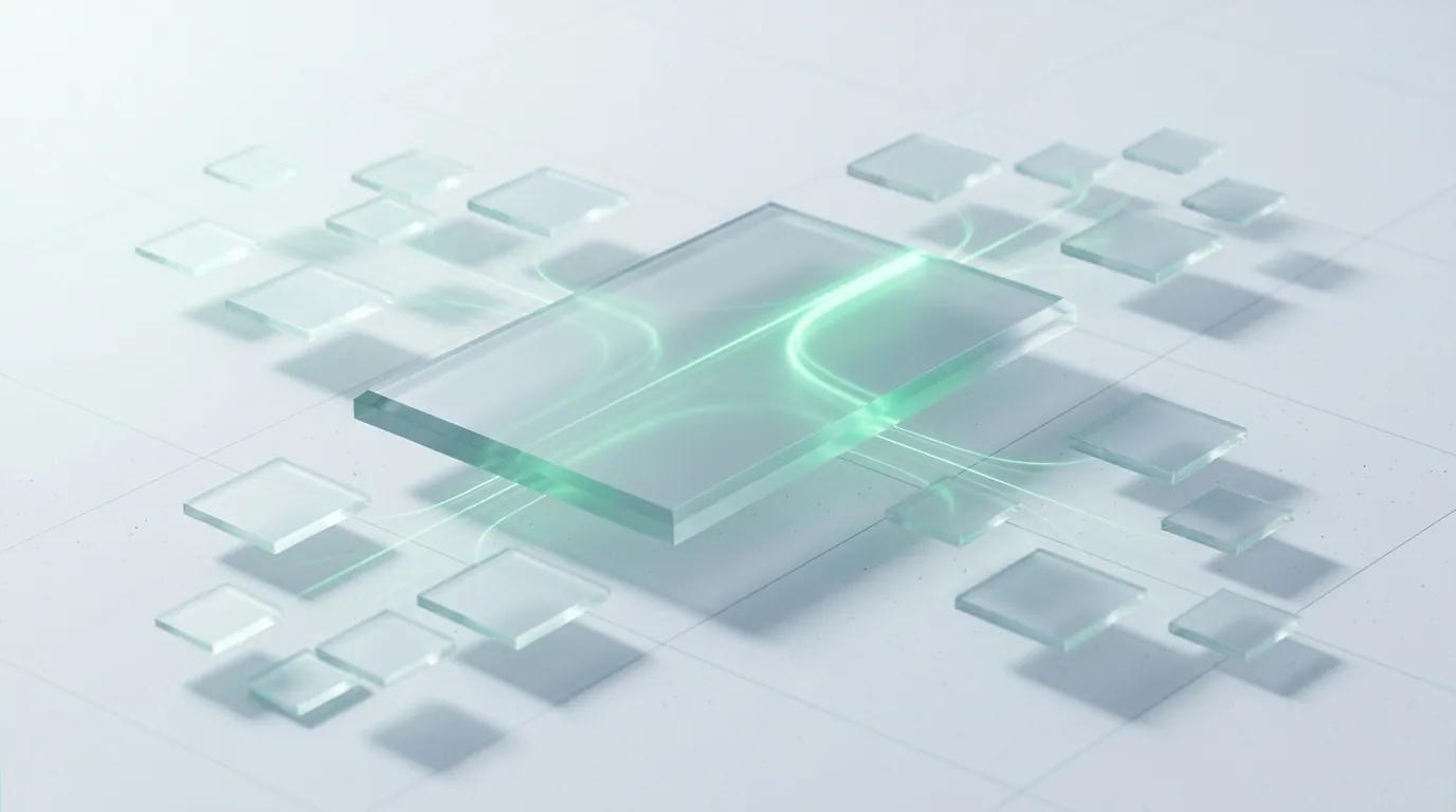 Scattered small frosted-glass tiles resolving into one calm central slab with a single emerald light-stream, evoking many AI marketing tools consolidating into one system.