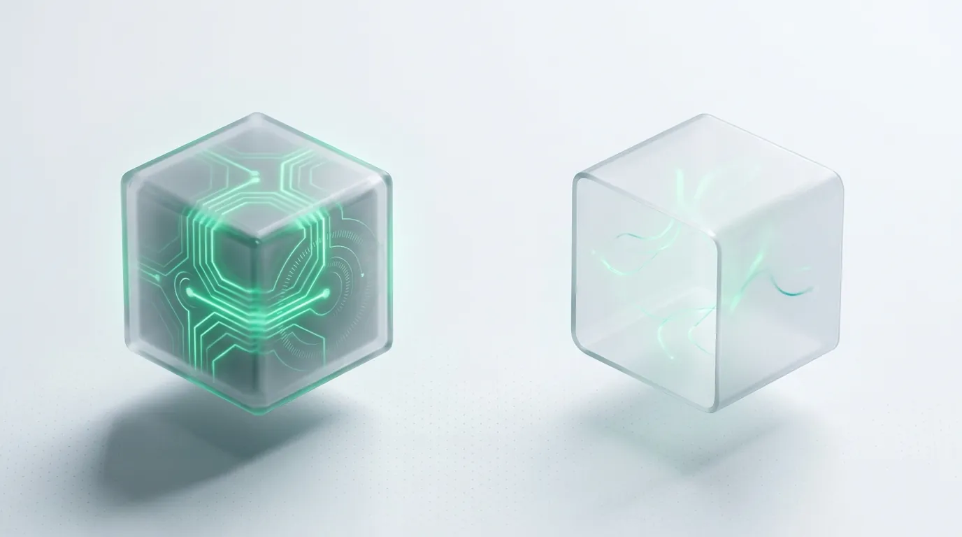 A small solid emerald-traced glass block beside a large hollow glass shell, evoking dependable AI tasks versus oversold hype.