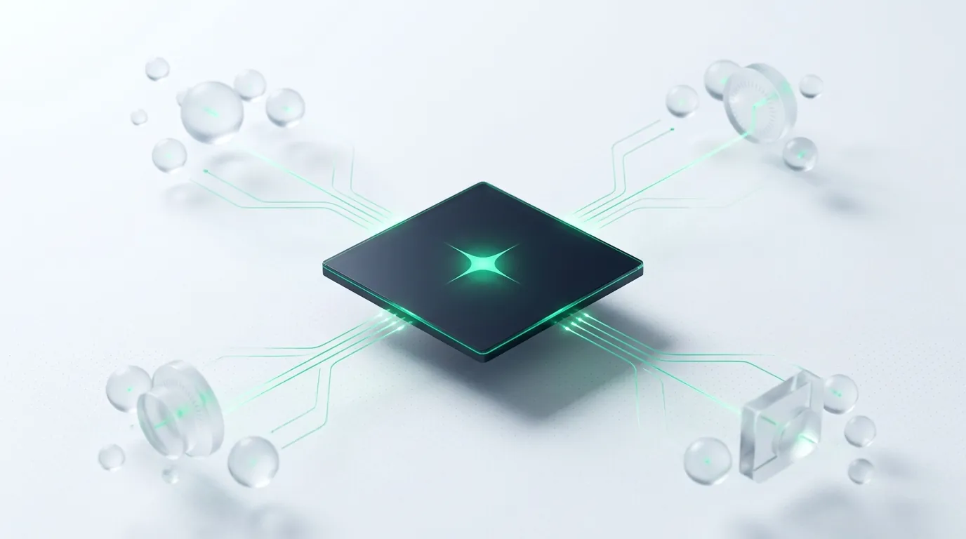 A dark emerald-edged tile with a central spark reached by only a few of many converging light-lines, evoking how few pages get cited in AI answers.