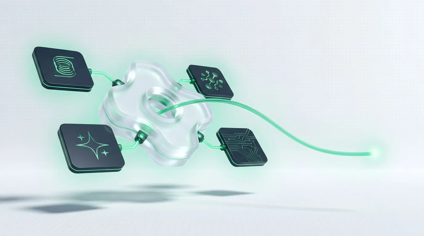 A central glass hub orchestrating several docked dark tiles with one emerald outflow, evoking a done-for-you AI system running the tools for you.