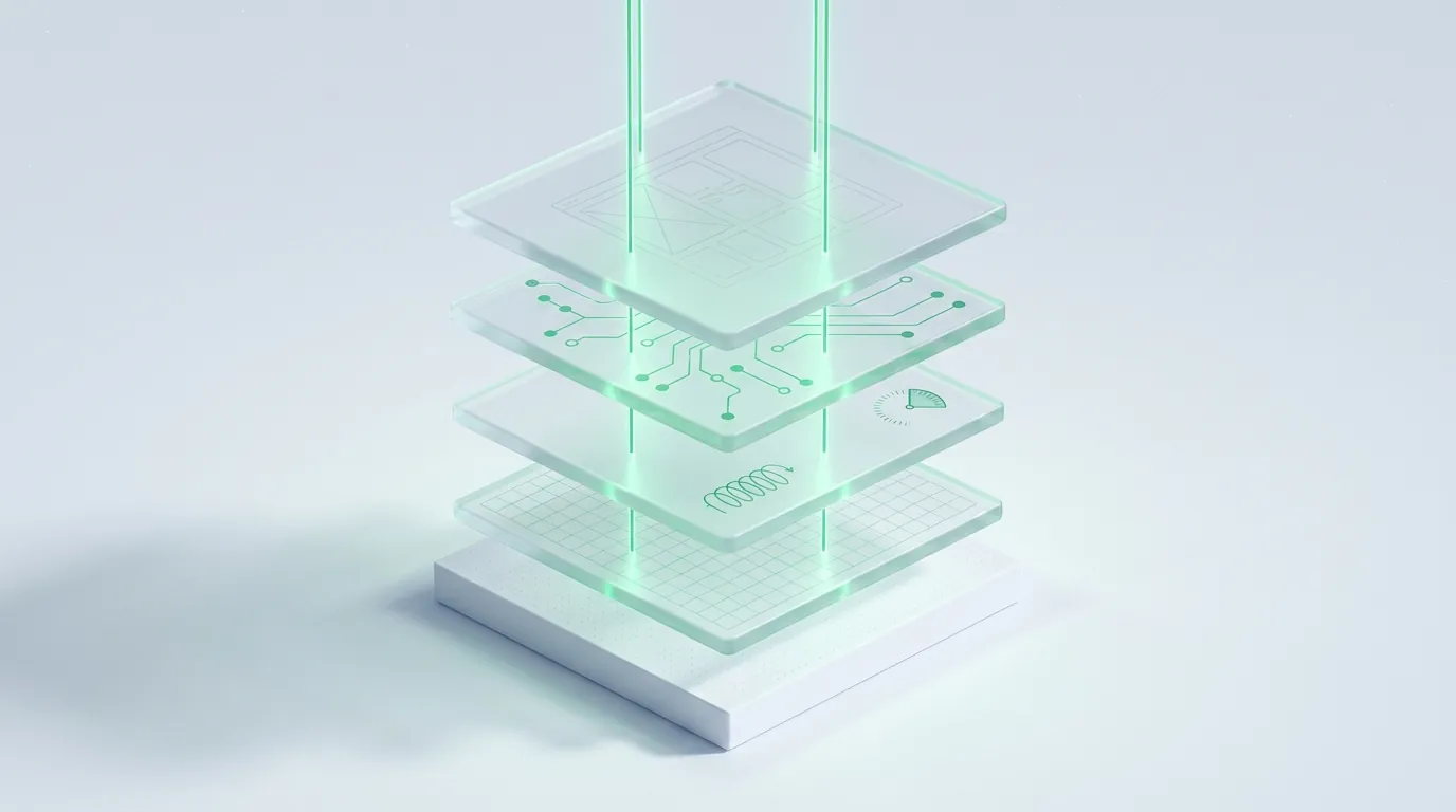 Frosted-glass workbench laying out a small set of clean labelled emerald tools, a tangle of dim mismatched ones set aside, evoking a deliberate operator tool stack over enterprise sprawl.