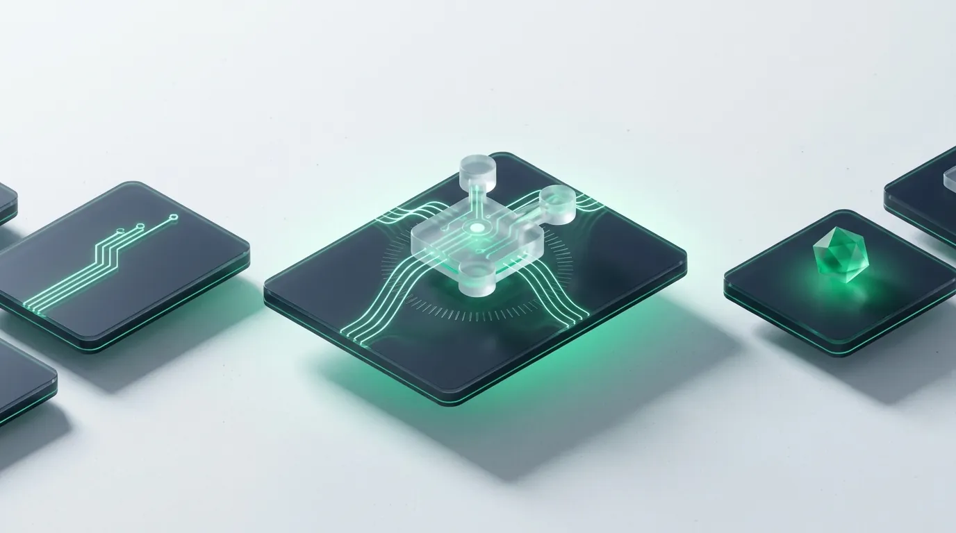 Frosted-glass dashboard panel settling into a calm steady emerald readout while a side tray of manual switches goes dark, evoking hours given back and numbers a founder can finally trust.