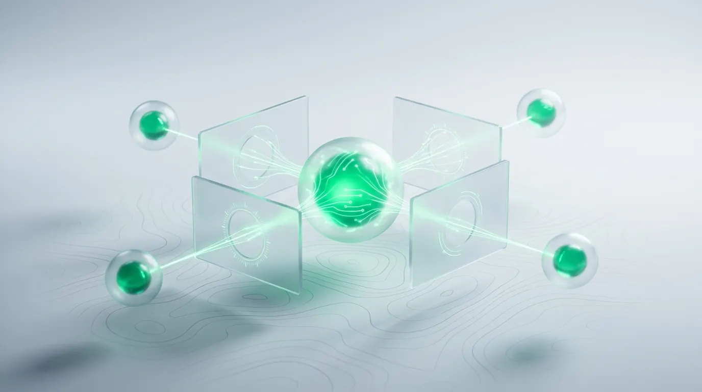 Frosted-glass network of pipes where three nodes pulse out-of-sync and tangled, an emerald warning glow tracing the snarl, evoking a stack past its legibility threshold.