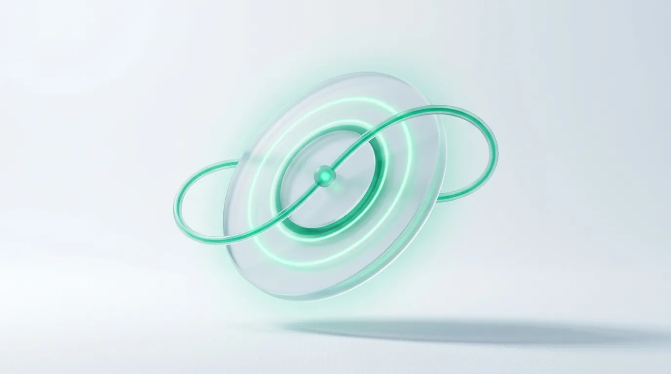 Frosted glass disc with looping emerald orbital rings, evoking an always-on automated ecommerce email flow engine.