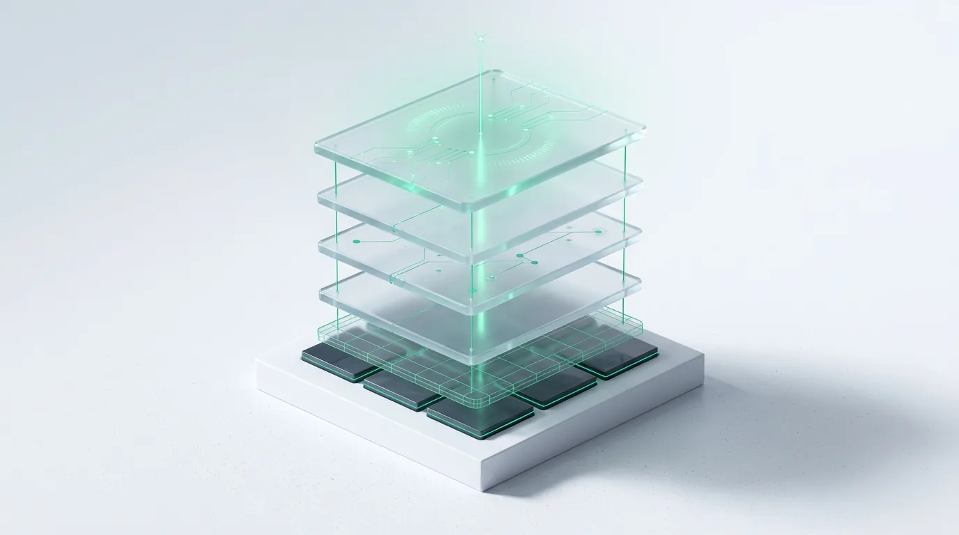Exploded stack of frosted glass layers linked by emerald guide-lines, evoking the sequenced email flow set over its segmentation base.