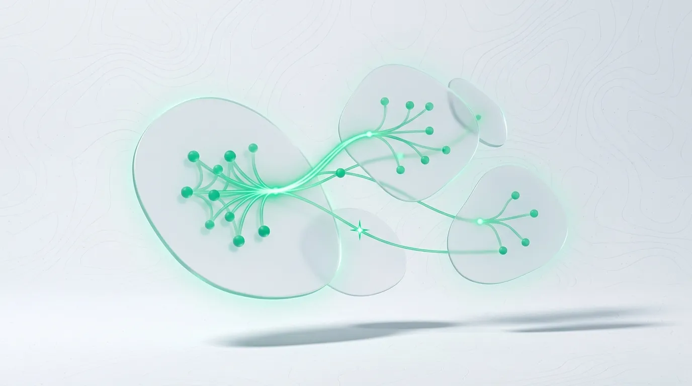 Emerald node-and-connector graph clustering into groups through frosted glass panes, evoking customer segmentation logic.