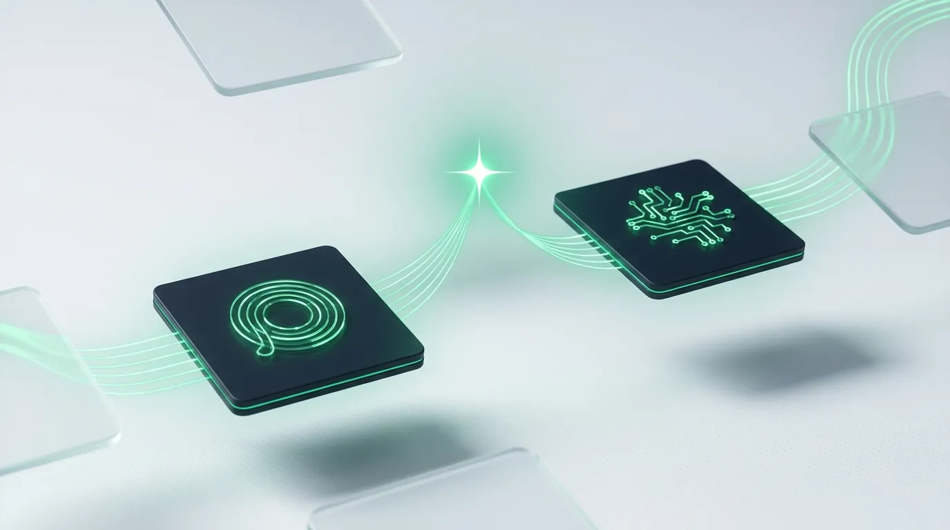 Two dark emerald-edged tiles linked by light-lines converging to a spark, evoking one owned system tying email to paid media.