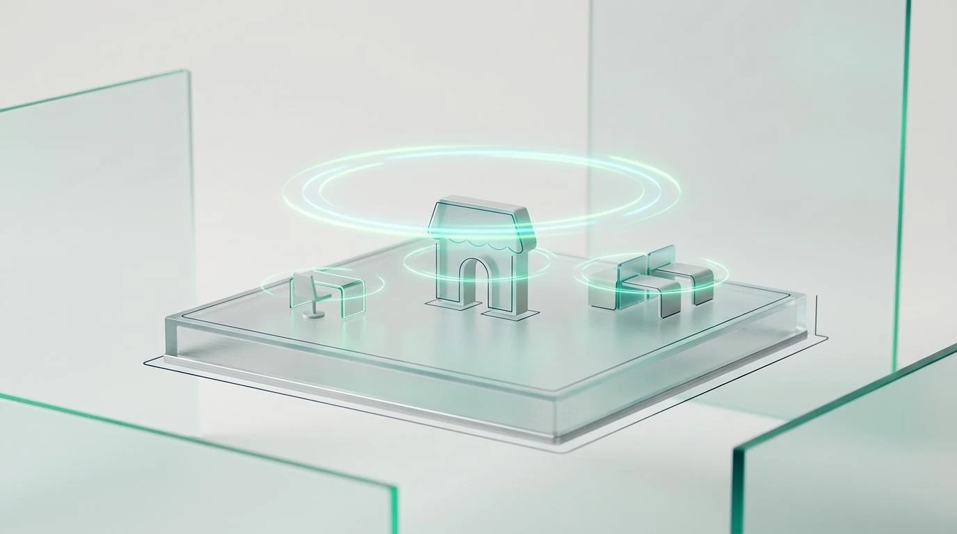 Three differently sized translucent business setups — a solo workstation, a small storefront, and a small team cluster — sharing a single orbiting emerald-teal ring above a glass plinth, illustrating one operating system across business sizes.