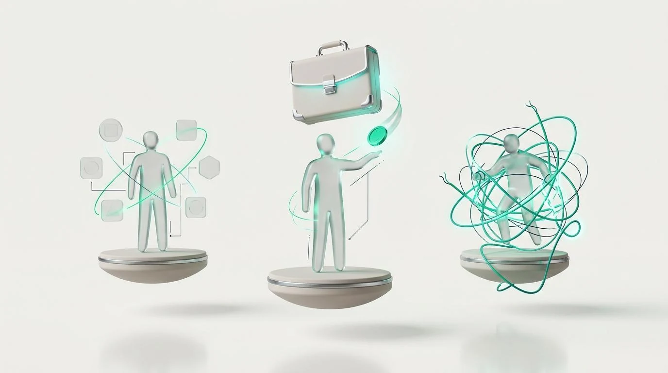 Three glass figures on separate floating pedestals — one surrounded by disconnected app icons, one paying a floating briefcase, one tangled in looping cables — visualizing the three broken playbooks: learn it yourself, hire it out, and stack tools.