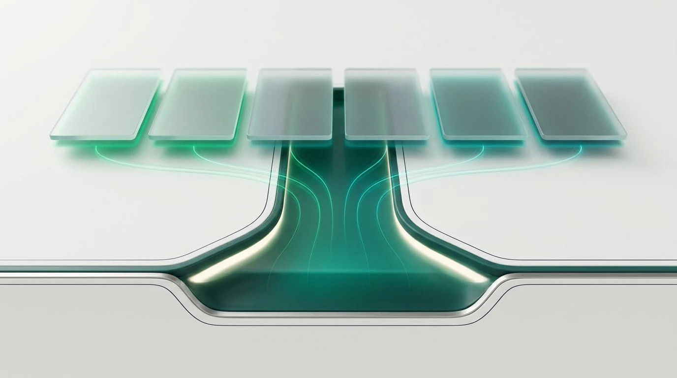 Six translucent surface panes hovering in a row, all plugged from below into a single wide channel of emerald-teal light flowing across the surface — one underlying layer feeding many surfaces.