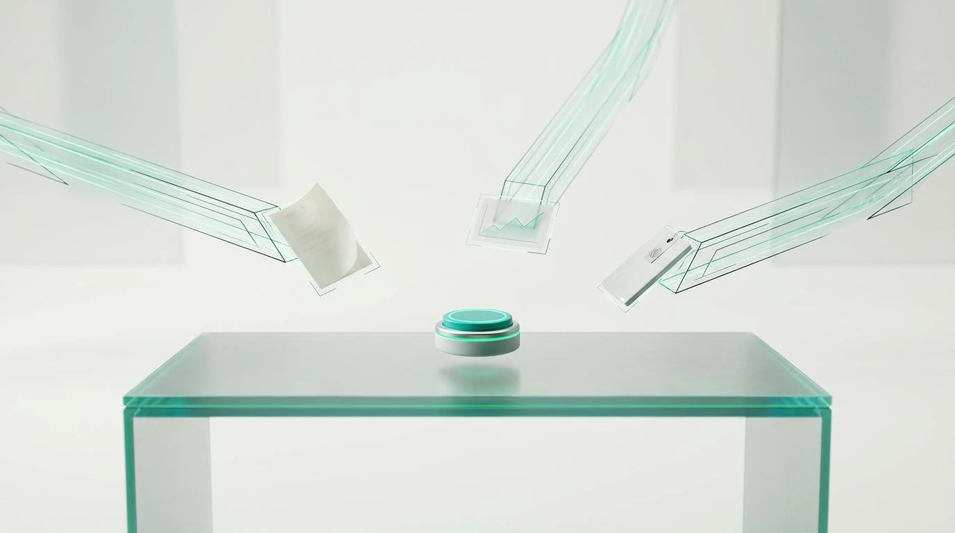 A calm glass desk with a single emerald approval button, three translucent autonomous arms made of light reaching in from above carrying a folded page, a small graph card, and a tagged tile — agents delivering finished work for one human decision.