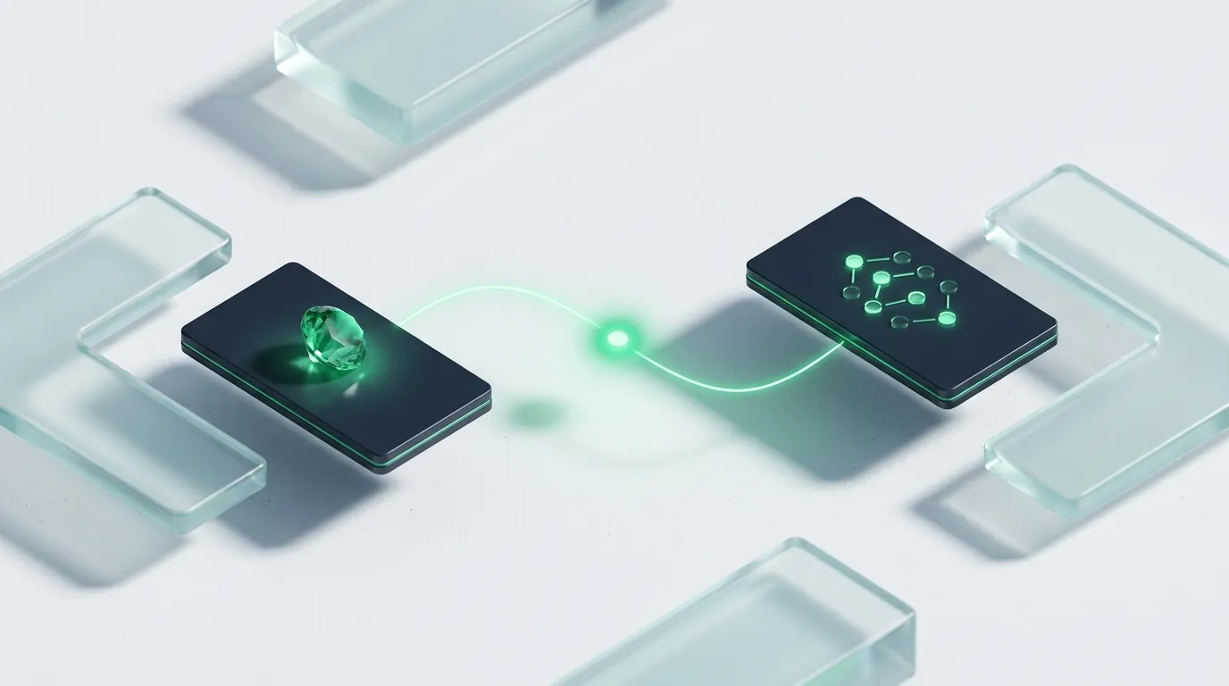 Two translucent frosted-glass email engines side by side, the larger one channeling far more emerald revenue-streams from the same pool of subscribers, evoking Klaviyo's revenue-per-subscriber lift over Mailchimp.