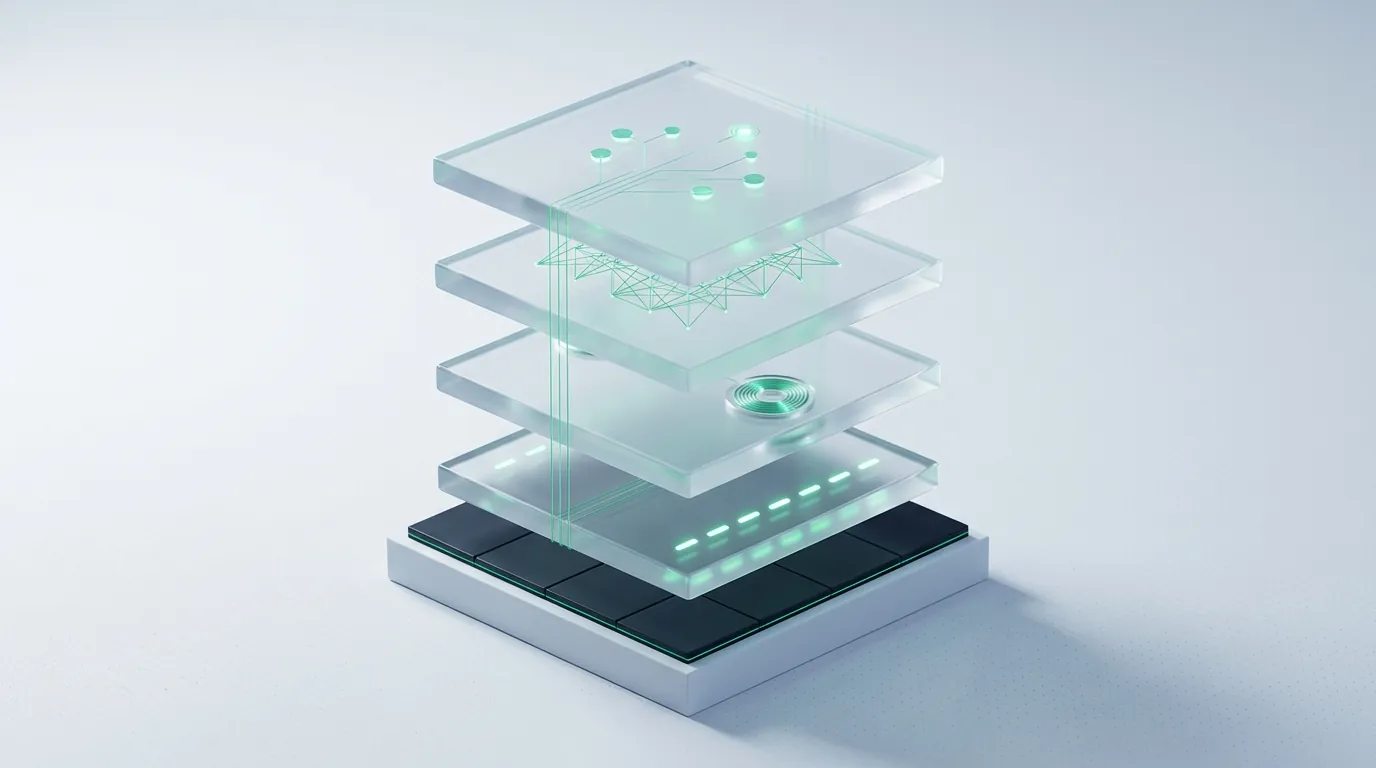 A translucent frosted-glass pipeline of four linked chambers, three lit by automated emerald light-streams and one left clear for a human hand, evoking a content workflow that automates some layers and keeps others manual.