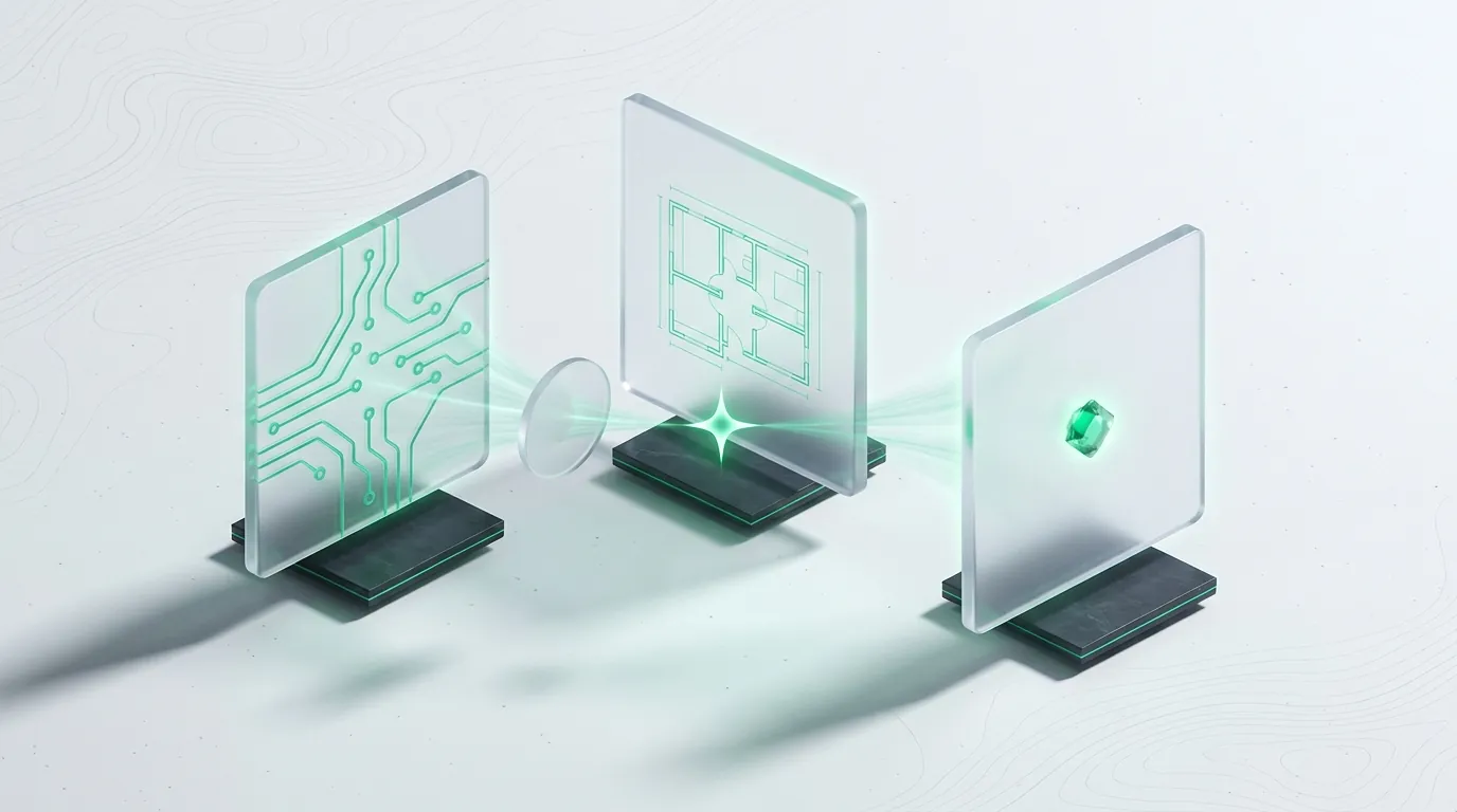 Frosted-glass figure-eight loop where one half runs on bright automated emerald current and the other stays clear for a human touch, evoking the split between automated movement and manual opinion.