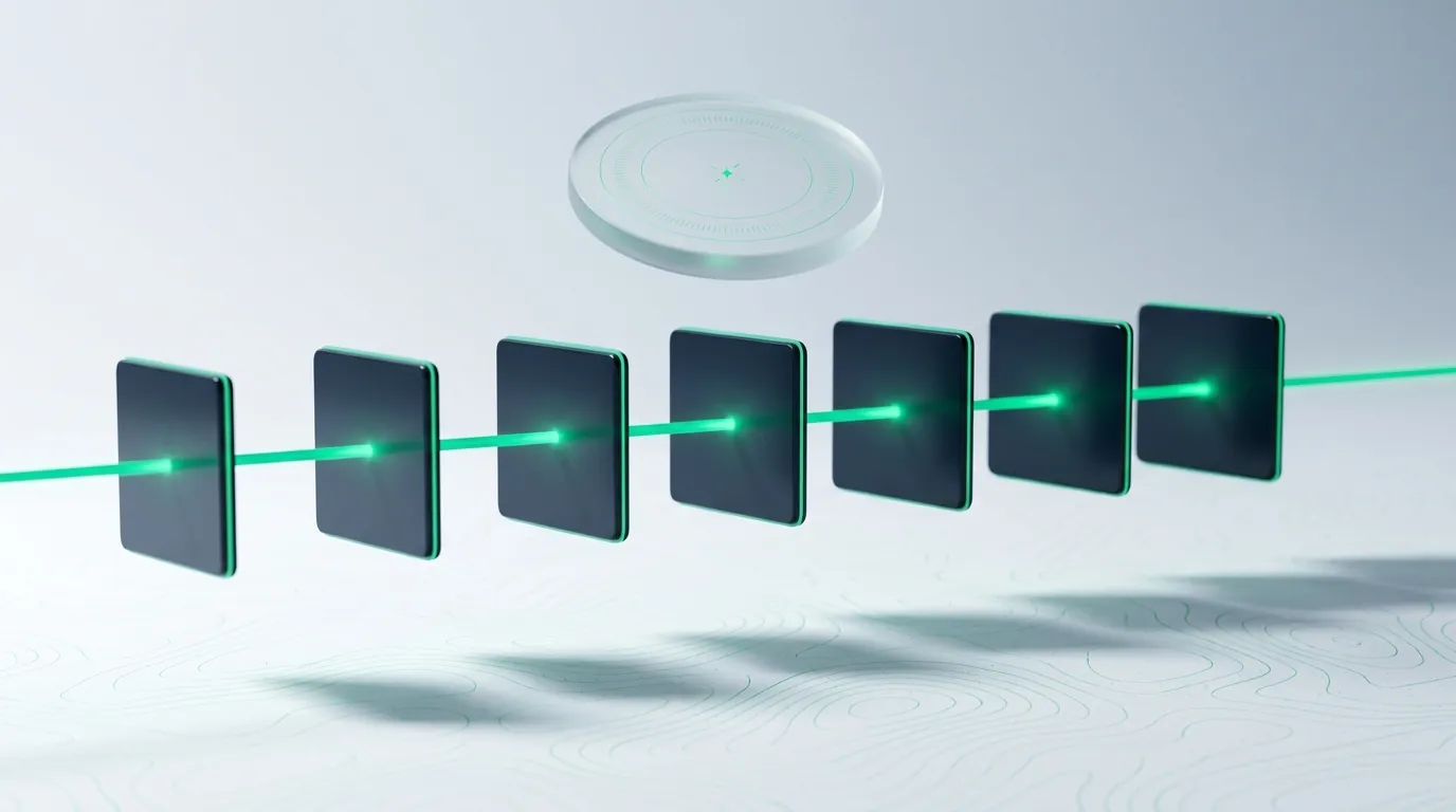 Frosted-glass account-form steadily lit by an even emerald glow at a sustainable cadence, contrasted with a faded over-driven one nearby, evoking a workflow that lasts versus full automation that burns out.