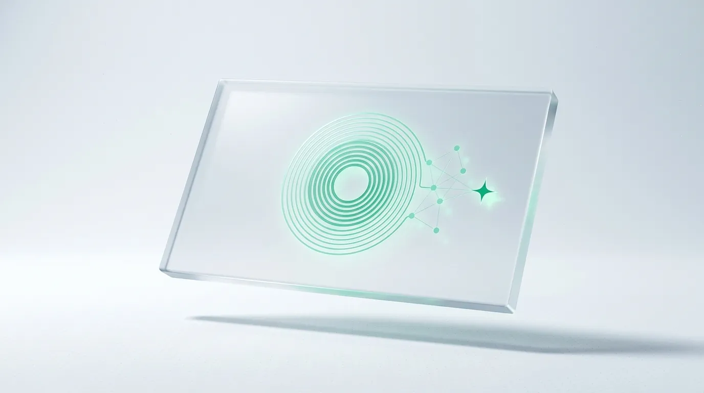 Single frosted glass slab with an etched emerald dial and small node graph, an abstract emblem of a built marketing automation system.