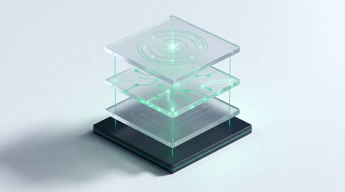 Three stacked frosted glass layers linked by vertical emerald guide-lines, an abstract view of tiered automation engagement structures.