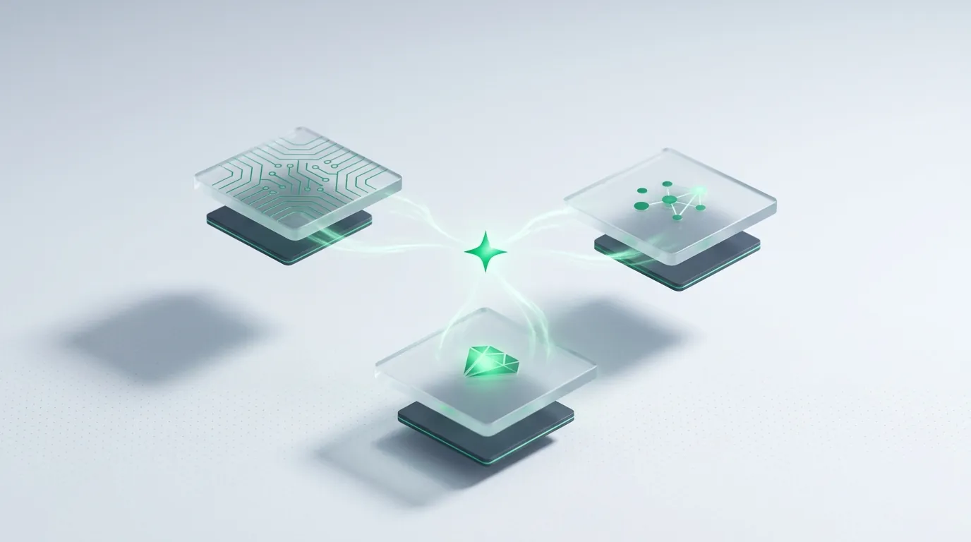 Three etched frosted panels feeding emerald light-streams into a single bright spark, an abstract build-versus-buy decision resolving.