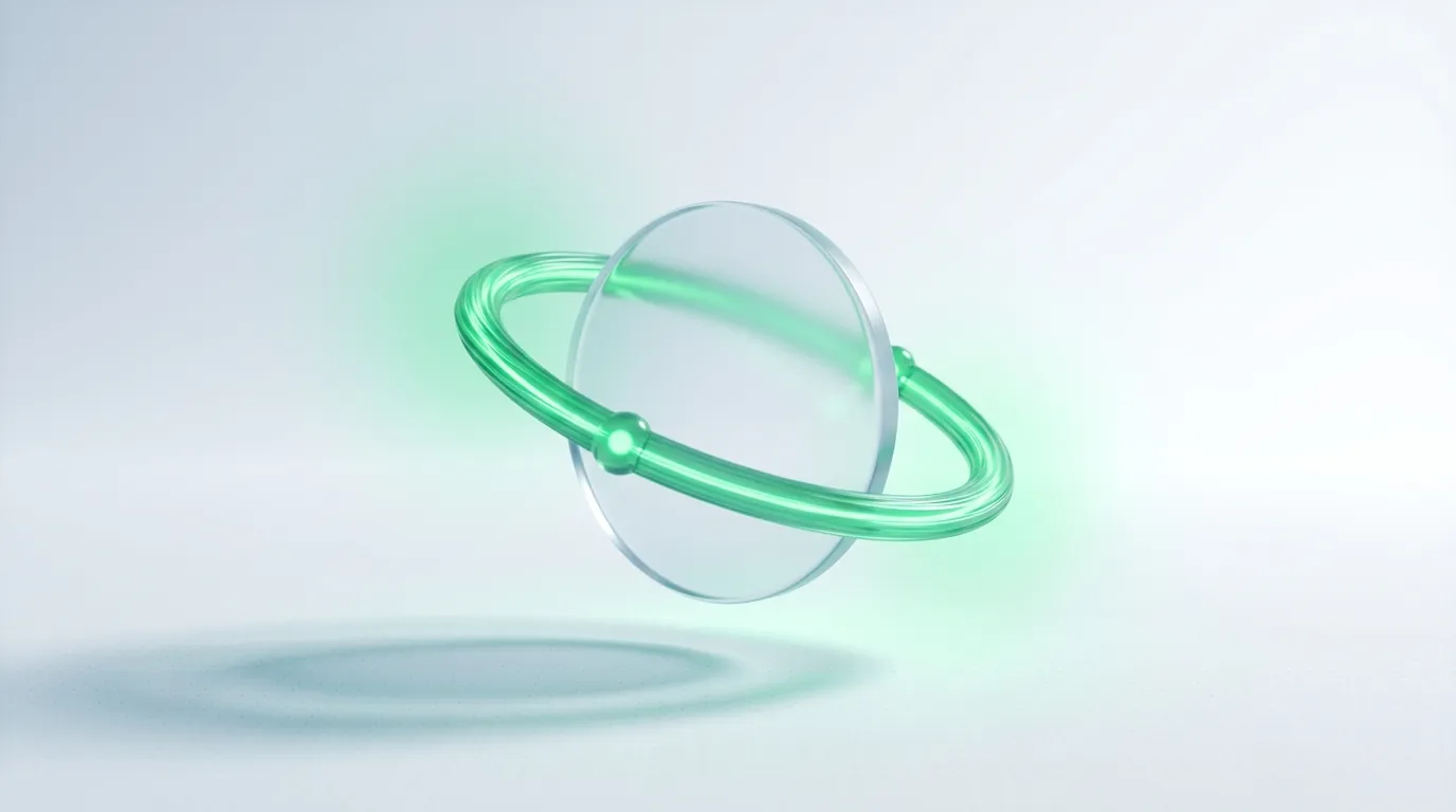 A continuous emerald looping light-stream through a frosted lens-disc, an abstract always-running reconciliation and dedup automation loop.