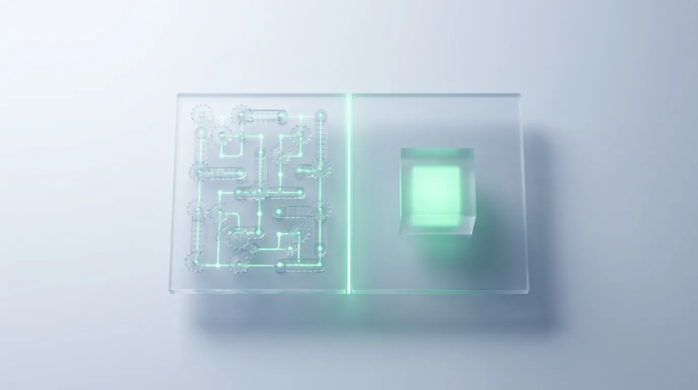 A frosted glass plane split by an emerald seam: busy interlocking gears on one side, a single still glowing cube on the other, evoking automated SEO work versus human judgment.