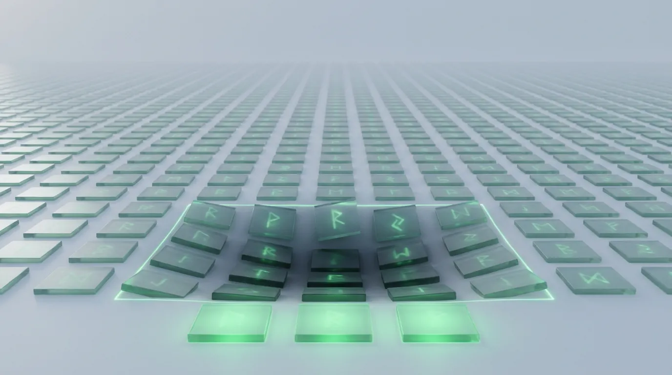A grid of identical dim glass tiles sinking and losing their glow near three bright glass slabs, evoking programmatic page sprawl dragging down a site's key pages.