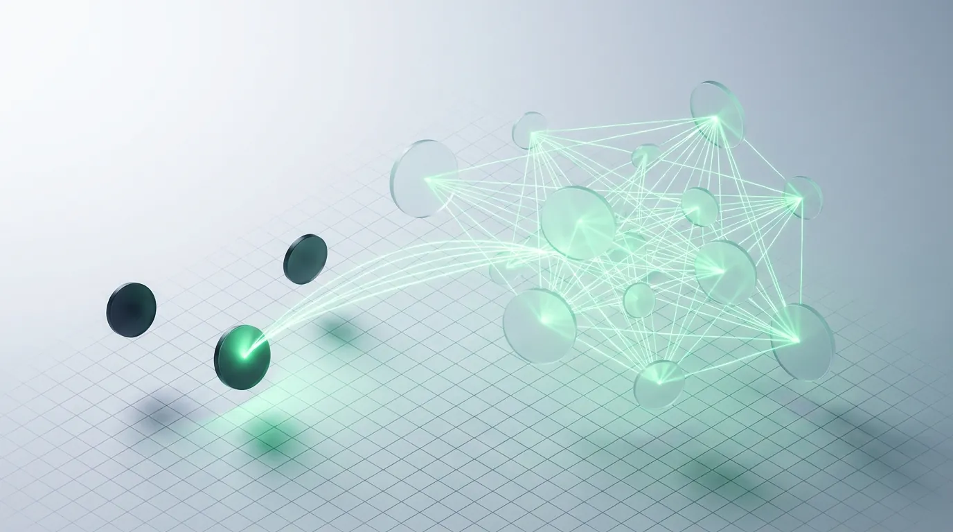Emerald light-threads extending from a connected web of glass discs toward three dark isolated discs, evoking automated internal linking rescuing orphaned pages.