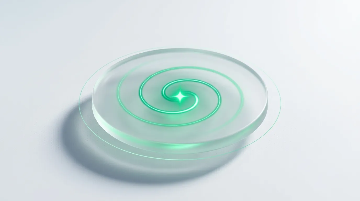 A frosted glass disc with an emerald coil looping inward to a spark, evoking an always-on SMS retention lifecycle.