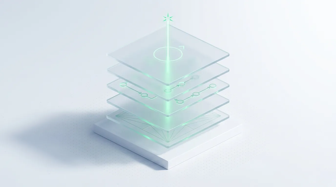 Five floating frosted glass layers threaded by one emerald light-line, evoking a sequenced set of triggered retention flows.