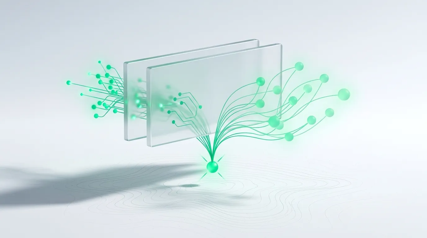 Two emerald node clusters threading through glass panes and converging to one node, evoking SMS and email orchestrated together.